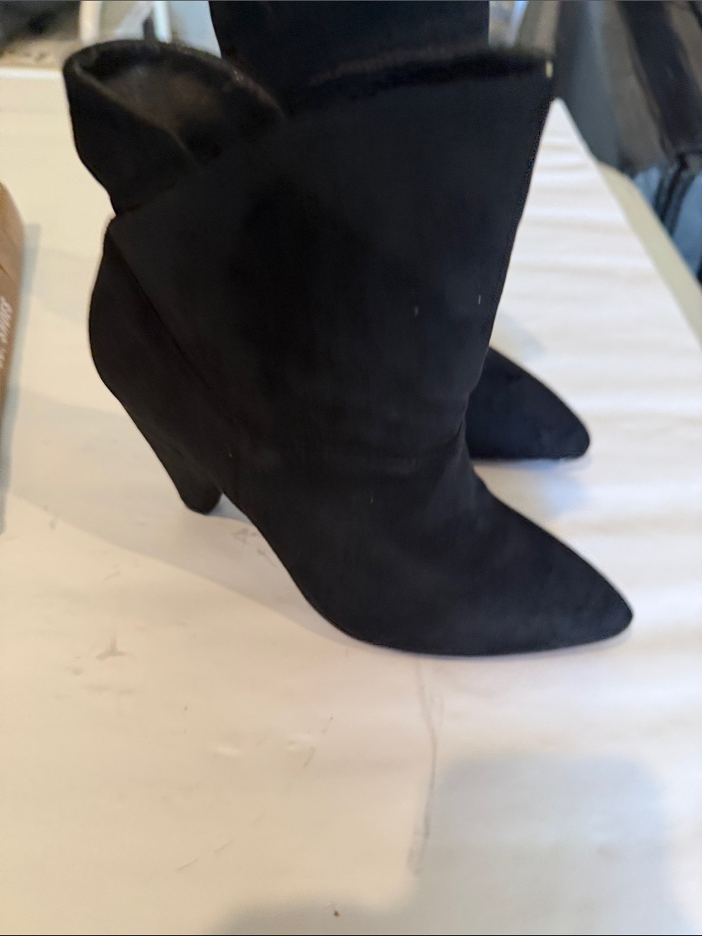 Black Suede Pointed-Toe Mid-Calf Heeled Boots New